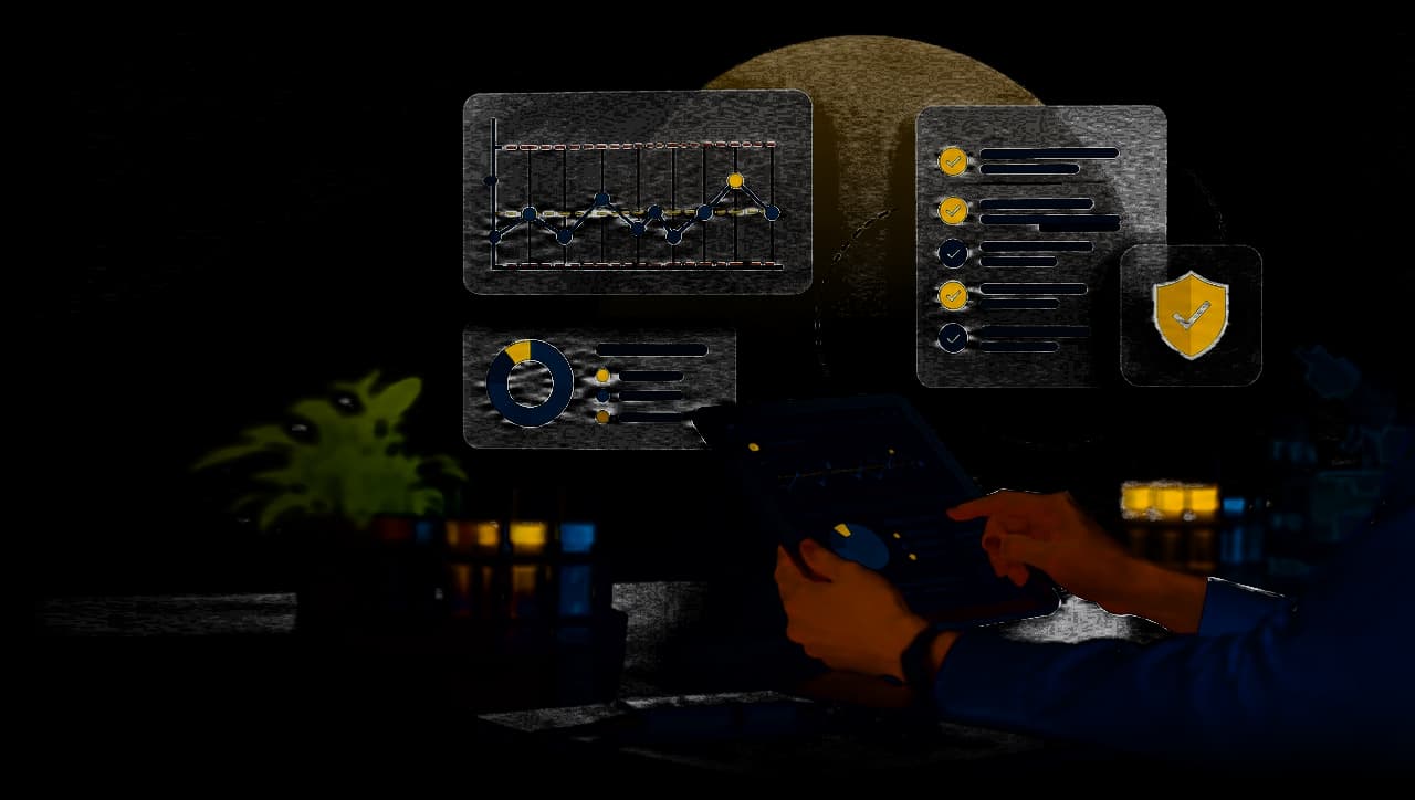 A quality manager reviewing QC charts and an accreditation checklist on a tablet in a laboratory