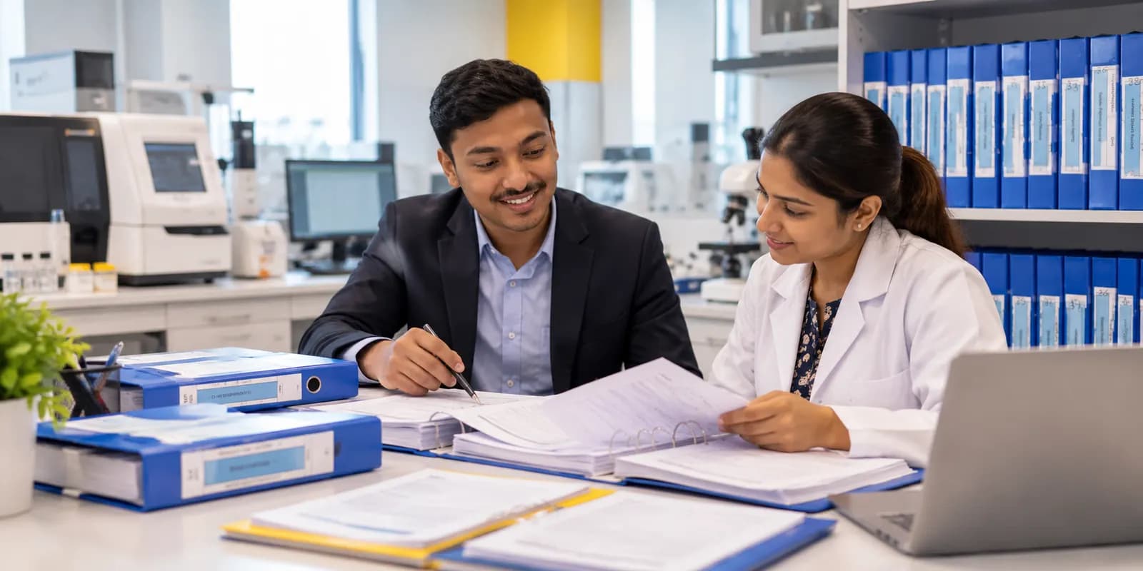 A Qualityveda consultant going through accreditation files with a laboratory staff member